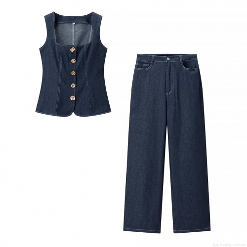 Women's Fashion Denim Two Piece Set Casual Dark Blue Square Neck Button Vest Top And High Waist Wide Leg Straight Trousers Elegant Outfits For Daily Commute
