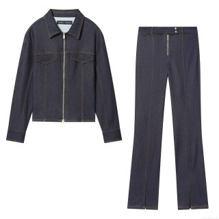 Women's Slim Denim Look Two-Piece Set Deep Blue Short Lapel Zipper Jacket And High Waist Front Slit Straight Leg Jeans Contrast Stitching Street Style Polyester Outfit For Women