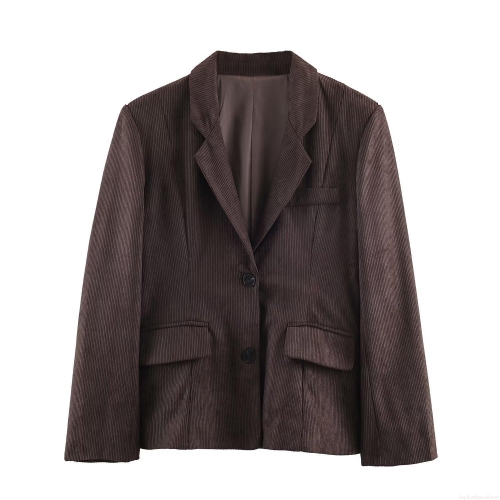 Women's Corduroy 2 Piece Set Notch Lapel Blazer Jacket and Wide Leg High Waist Pants Casual Retro Solid Color Suits for Office Streetwear