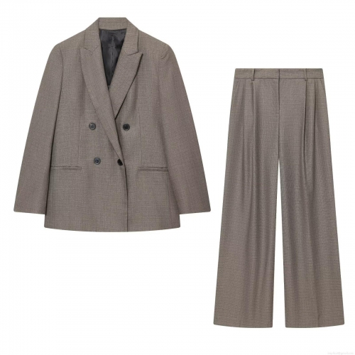 Elegant Women Brown Grey Blazer And Pants Set Double Breasted Peaked Lapel Suit Jacket With High Waisted Wide Leg Trousers Casual Business Office Commuting Outfit