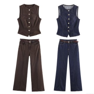 Women Retro Denim Vest and Wide Leg Pants Set Vintage Sleeveless Waistcoat High Waist Straight Trousers With Croc Embossed Belt Casual Autumn 2 Piece Outfit