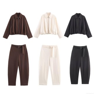 Women's Fashion Velvet Casual Jacket and Trousers Set Solid Color Long Sleeve Zip-up Top High Waist Belted Tapered Pants Autumn Outfit