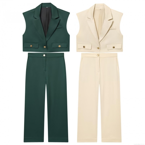 Women's 2 Piece Fashion Set Sleeveless Lapel Short Vest and High Waist Wide Leg Pants Polyester Spandex Blend Outfits Solid Color Modern Office Chic Suits with Gold Buttons for Women