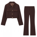 Women's Casual Deep Brown Two-Piece Set Polyester Spandex Contrast Stitching Short Jacket And Flare Pants Suit For Autumn Daily Office Ladies Fashion Outfits