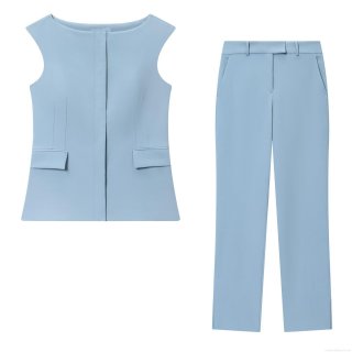 Women's Light Blue Elegant Sleeveless Vest Top and Split Hem Flared Pants Two Piece Set Professional Commuter Suit Polyester Spandex Business Outfit