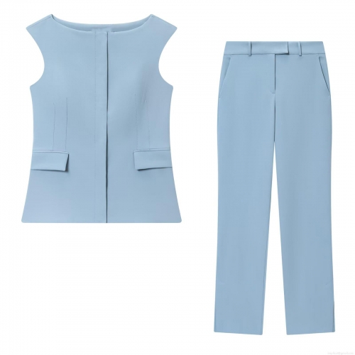 Women's Light Blue Elegant Sleeveless Vest Top and Split Hem Flared Pants Two Piece Set Professional Commuter Suit Polyester Spandex Business Outfit