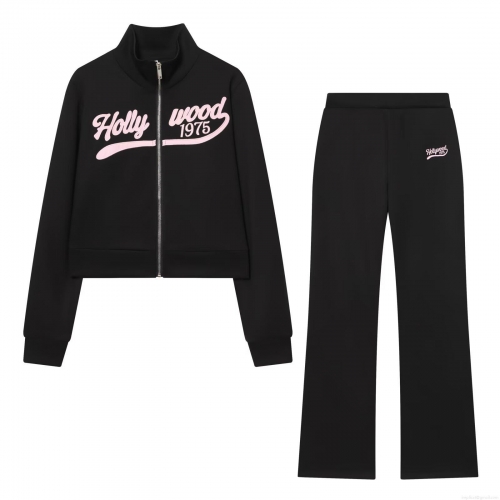 Women's Casual Black Tracksuit Set Long Sleeve Zipper Stand Collar Sweatshirt And Flare Pants Pink Hollywood 1975 Embroidery Retro Autumn Winter Athletic Two Piece Outfit