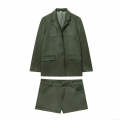 Women's Faux Suede Two Piece Set Solid Forest Green Long Sleeve Blazer Jacket and Shorts Outfits for Casual Office Commuter Fashion Suit