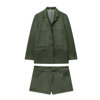 Women's Faux Suede Two Piece Set Solid Forest Green Long Sleeve Blazer Jacket and Shorts Outfits for Casual Office Commuter Fashion Suit