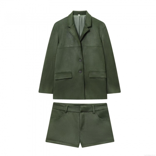 Women's Faux Suede Two Piece Set Solid Forest Green Long Sleeve Blazer Jacket and Shorts Outfits for Casual Office Commuter Fashion Suit