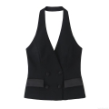 Women Sexy Halter Neck Waistcoat and Shorts Set Solid Polyester Double Breasted Asymmetric Swallowtail Vest Suit Set for Party Clubwear Streetwear Office Lady
