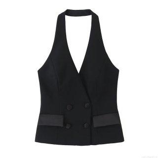 Women Sexy Halter Neck Waistcoat and Shorts Set Solid Polyester Double Breasted Asymmetric Swallowtail Vest Suit Set for Party Clubwear Streetwear Office Lady