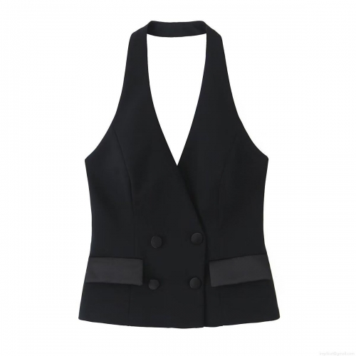 Women Sexy Halter Neck Waistcoat and Shorts Set Solid Polyester Double Breasted Asymmetric Swallowtail Vest Suit Set for Party Clubwear Streetwear Office Lady