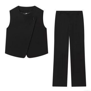 Women's 2-Piece Fashion Outfit Set Asymmetrical Single Button Sleeveless Vest Top And High Waist Straight Leg Pants Minimalist Casual Office Suit Black