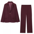 Women Burgundy Elegant Blazer And Straight Leg Trousers Separates Set Formal Notched Lapel Single Button Suit Jacket Office High Waisted Pants