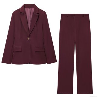 Women Burgundy Elegant Blazer And Straight Leg Trousers Separates Set Formal Notched Lapel Single Button Suit Jacket Office High Waisted Pants