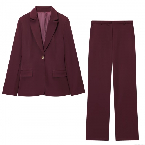 Women Burgundy Elegant Blazer And Straight Leg Trousers Separates Set Formal Notched Lapel Single Button Suit Jacket Office High Waisted Pants