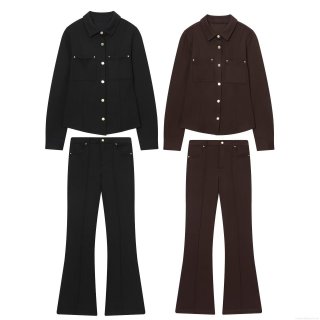 Women's Fashion Slanted Twill Long Sleeve Shirt Jacket and High Waist Flare Pants Set Solid Color Slim Fit Casual Office Suit with Metal Buttons