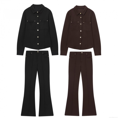 Women's Fashion Slanted Twill Long Sleeve Shirt Jacket and High Waist Flare Pants Set Solid Color Slim Fit Casual Office Suit with Metal Buttons