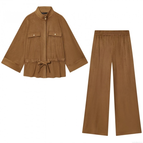 Women's Faux Suede Two Piece Outfits Solid Color Stand Collar Long Sleeve Jacket and Elastic Waist Wide Leg Pants Set For Casual Autumn Winter