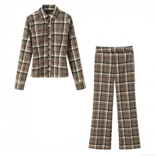 Women Vintage Plaid Two Piece Set Winter Slim Fit Long Sleeve Lapel Shirt And Straight Leg Pants Casual Brown Plaid Blouse Trousers Suit For Office Daily Wear