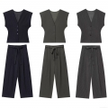 Women's Elegant Pinstripe Vest And Wide Leg Pants Set Sleeveless V-Neck Single Breasted Waist Belted Business Suit For Office Commuting Casual Outfits