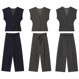 Women's Elegant Pinstripe Vest And Wide Leg Pants Set Sleeveless V-Neck Single Breasted Waist Belted Business Suit For Office Commuting Casual Outfits