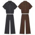 Women's Knit Casual 2 Piece Outfits Half Zipper Short Sleeve Lapel Top And High Waist Wide Leg Long Pants Set Solid Color Polyester Spandex Elegant Lounge Wear Sets