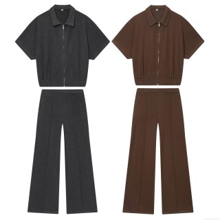 Women's Knit Casual 2 Piece Outfits Half Zipper Short Sleeve Lapel Top And High Waist Wide Leg Long Pants Set Solid Color Polyester Spandex Elegant Lounge Wear Sets