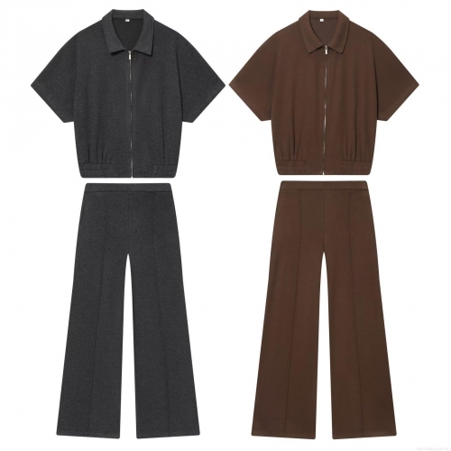 Women's Knit Casual 2 Piece Outfits Half Zipper Short Sleeve Lapel Top And High Waist Wide Leg Long Pants Set Solid Color Polyester Spandex Elegant Lounge Wear Sets