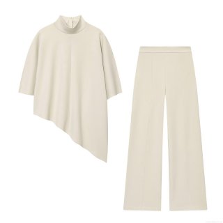 Women's Minimalist Two Piece Set Asymmetrical Hem Half High Collar Top And High Waist Wide Leg Pants Beige Cream Thick Twill Casual Lounge Outfit Suit