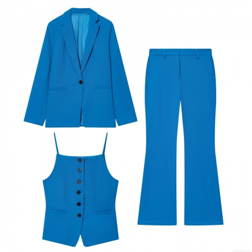Women Elegant 3-Piece Suit Set Solid Color Lapel Long Sleeve Blazer With Vest And High Waist Flare Pants Commuter Style Slim Fit Formal Office Wear Outfit