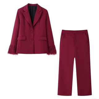 Women's Wine Red Slim Fit Suit Set Elegant Feather Cuff Sleeve Single Breasted Blazer and Straight Leg Pants Formal Commute Fashion Two Piece Outfit