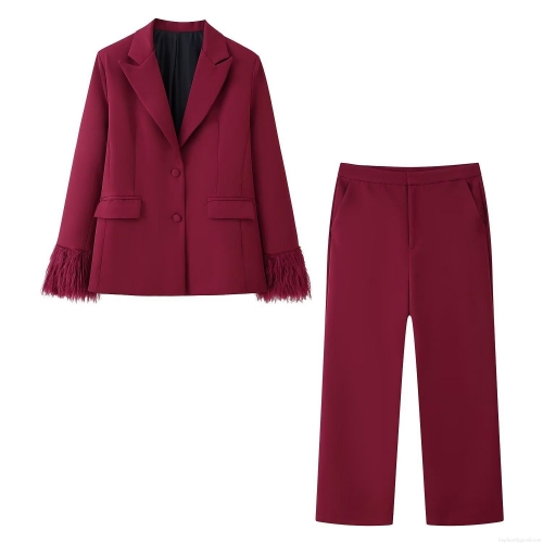 Women's Wine Red Slim Fit Suit Set Elegant Feather Cuff Sleeve Single Breasted Blazer and Straight Leg Pants Formal Commute Fashion Two Piece Outfit