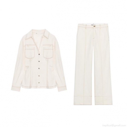 Women's Casual 2-Piece Set Contrast Stitching Long Sleeve Shirt and Flare Pants Workwear Style Off-White Polyester Cotton Blend Elegant Autumn Winter Outfit for Women