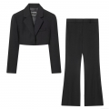 Women's Vintage Black Cropped Blazer And High Waist Flare Pants Set Solid Polyester Two Piece Suit For Casual Streetwear Office Party Lady