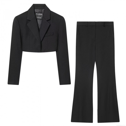 Women's Vintage Black Cropped Blazer And High Waist Flare Pants Set Solid Polyester Two Piece Suit For Casual Streetwear Office Party Lady