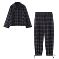 Women's Plaid 2 Piece Set Hooded Jacket And Cargo Pants Casual Streetwear Outfits Navy Blue Checkered Long Sleeve Top And Drawstring Trousers For Women