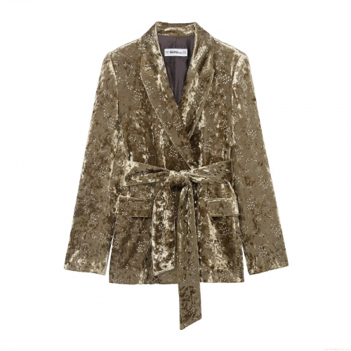 Women's 2-Piece Velvet Suit Set Metallic Floral Print Belted Blazer and Cuffed Trousers Retro Casual Streetwear Tracksuit For Women