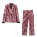 Women Velvet Blazer Suit Set With Feather Cuffs Crushed Velour Double Breasted Jacket And High Waist Wide Leg Pants Elegant Commute Party Dusty Rose 2 Piece Set