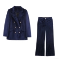 Women Elegant Velvet Suit Set Double Breasted Blazer Gold Buttons High Waist Wide Leg Pants For Office Party Commute Navy Blue Two Piece Outfit