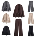 Women's Casual 2-Piece Knit Set Loose Belted Cardigan and Wide Leg Pants 100% Polyester Winter Warm Lounge Sets Outfit