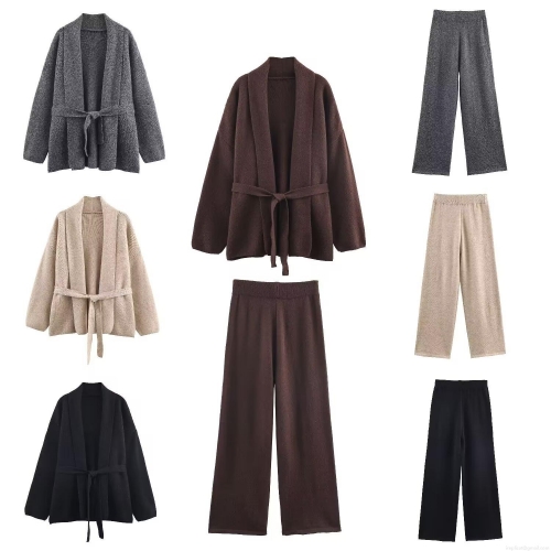 Women's Casual 2-Piece Knit Set Loose Belted Cardigan and Wide Leg Pants 100% Polyester Winter Warm Lounge Sets Outfit