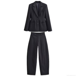 Women's Professional Slim Fit Black Blazer and High Waist Wide Leg Trousers Business Office Two-Piece Suit Set Elegant Solid Polyester Formal Wear For Ladies