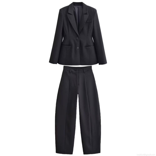 Women's Professional Slim Fit Black Blazer and High Waist Wide Leg Trousers Business Office Two-Piece Suit Set Elegant Solid Polyester Formal Wear For Ladies