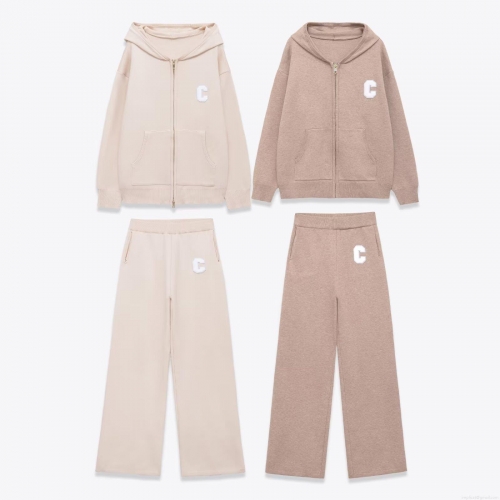 Women Casual Knit Two Piece Set Hooded Zipper Cardigan Jacket And Wide Leg Pants Polyester Spandex Soft Warm Outfits For Autumn Winter Daily Wear