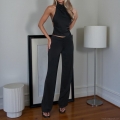 Women Sexy Satin Two Piece Set Halter Backless Top And High Waist Wide Leg Pants Set Solid Color Chic Party Club Outfits For Women Night Out