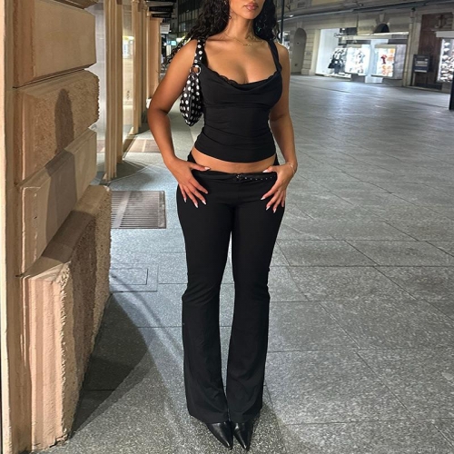 Women's Sexy Two Piece Outfits Lace Patchwork Cowl Neck Cami Top and High Waist Flare Pants Set Solid Color Slim Fit Clubwear Party Streetwear Set