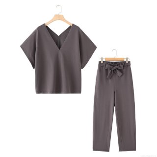 Women's Casual 100% Cotton 2 Piece Set V Neck Short Sleeve T-Shirt and High Waist Wide Leg Pants with Belt Outfits Loungewear