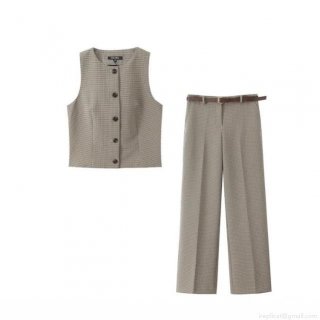 Women Casual Plaid 2-Piece Set Sleeveless Button Down Vest And Wide Leg Pants With Belt Fashion Streetwear Outfits For Daily Office